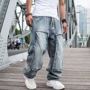 Premium Light Blue Washed Baggy Cargo Jeans