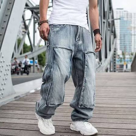 Premium Light Blue Washed Baggy Cargo Jeans