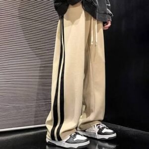 Premium Beige Side Stripe Wide-Leg Track Pants